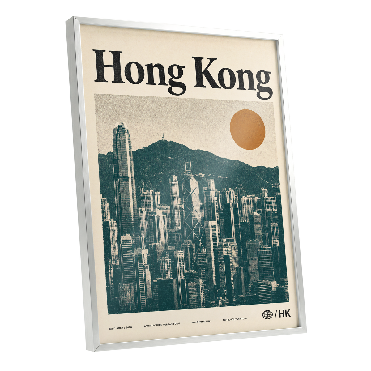 Harbour City Index, green, beige, orange minimalist wall art shown as a silver framed poster wall art print