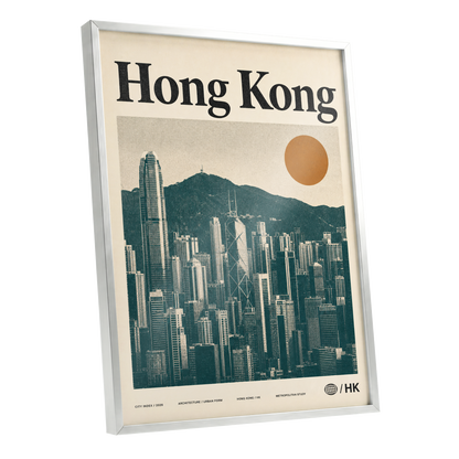 Harbour City Index, green, beige, orange minimalist wall art shown as a silver framed poster wall art print