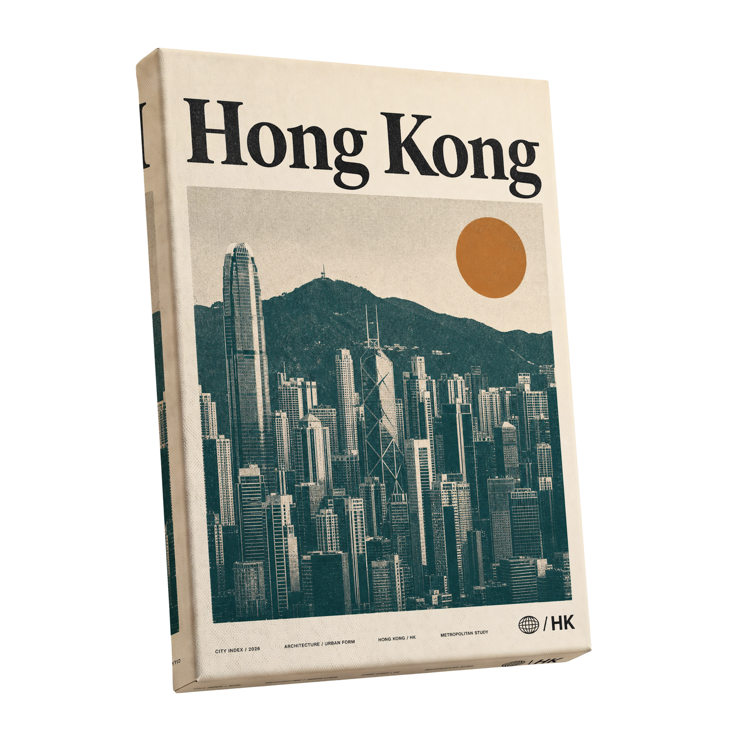 Harbour City Index, green, beige, orange minimalist wall art shown as a stretched canvas wall art