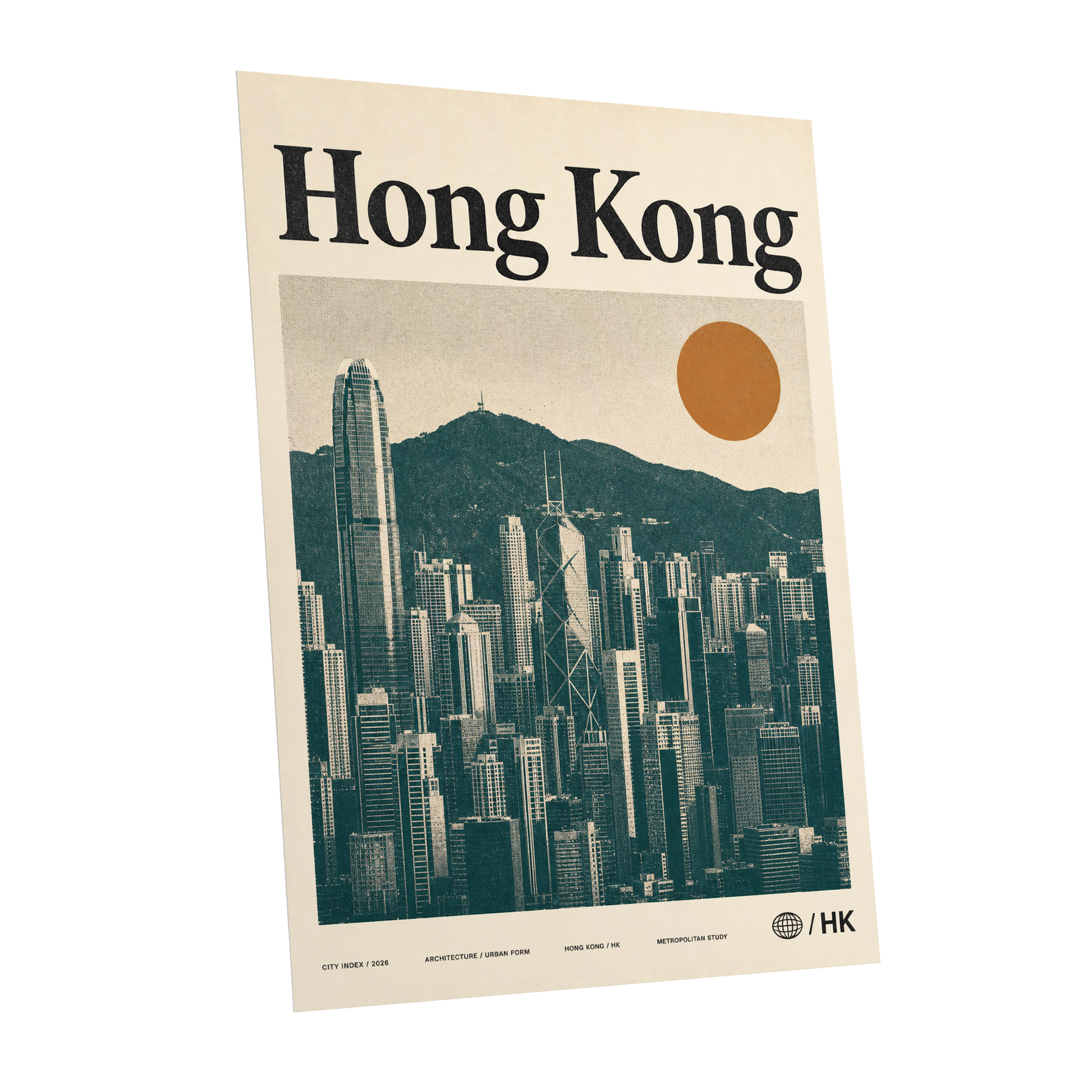 Harbour City Index, green, beige, orange minimalist wall art shown as a unframed poster wall art print