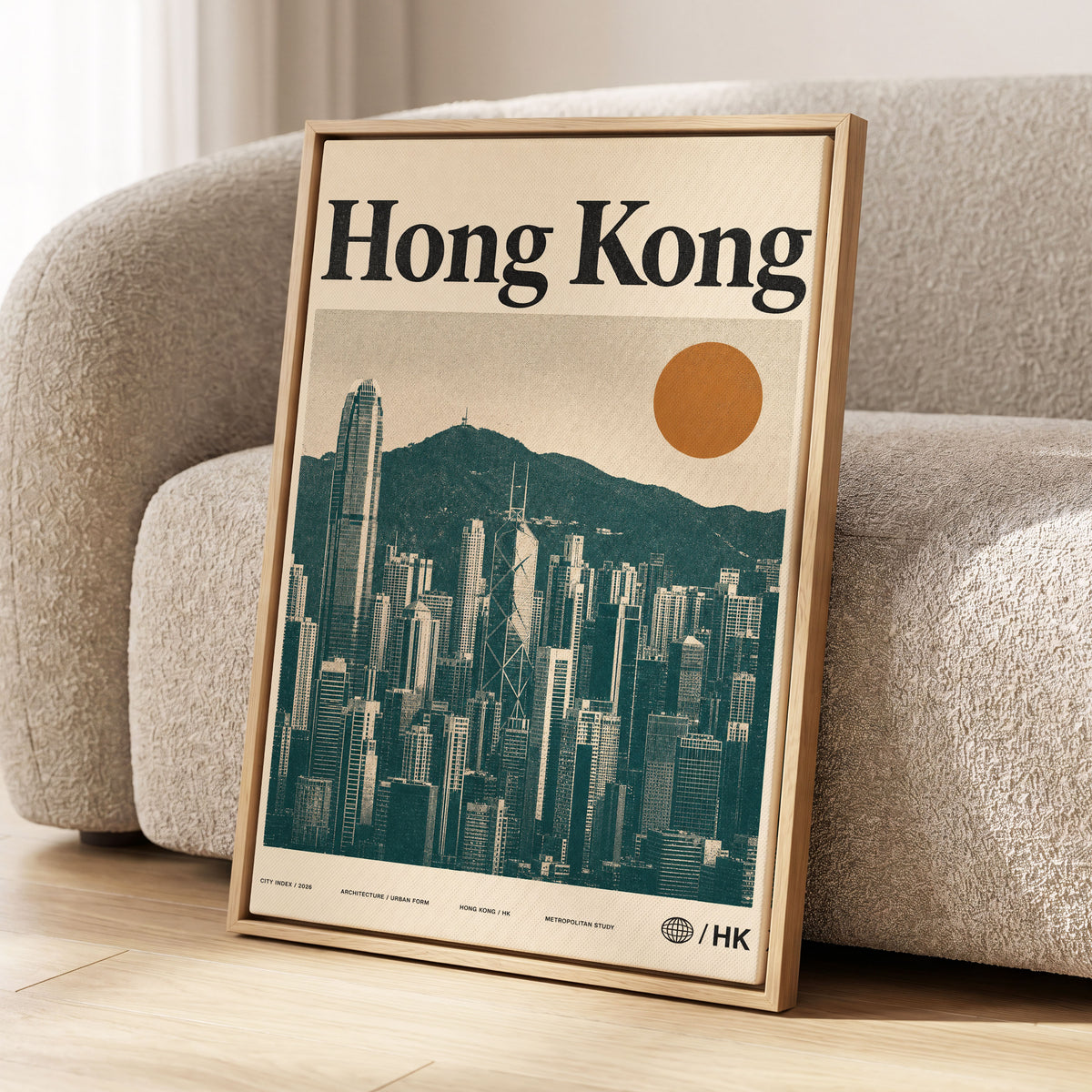 Harbour City Index, green, beige, orange minimalist wall art displayed in a styled interior, gallery view 1
