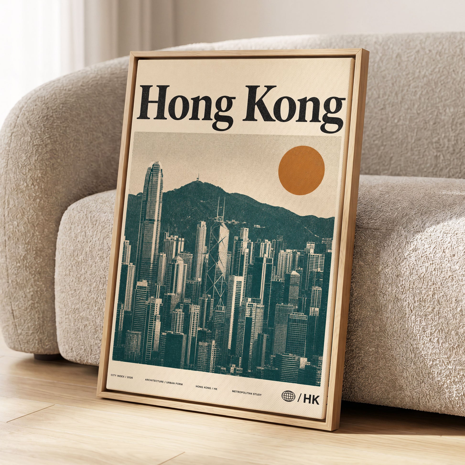 Harbour City Index, green, beige, orange minimalist wall art displayed in a styled interior, gallery view 1