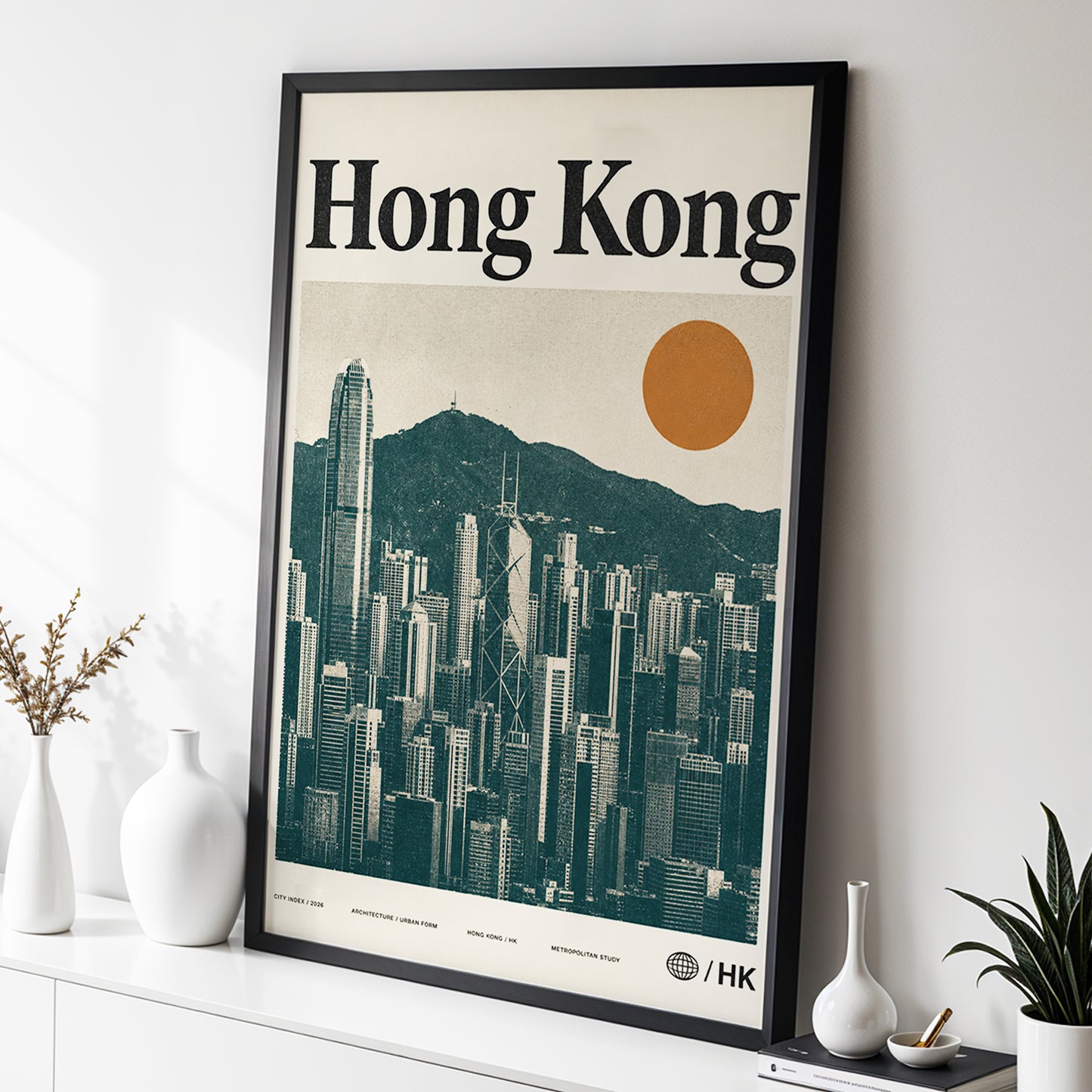Harbour City Index, green, beige, orange minimalist wall art displayed in a styled interior, gallery view 2