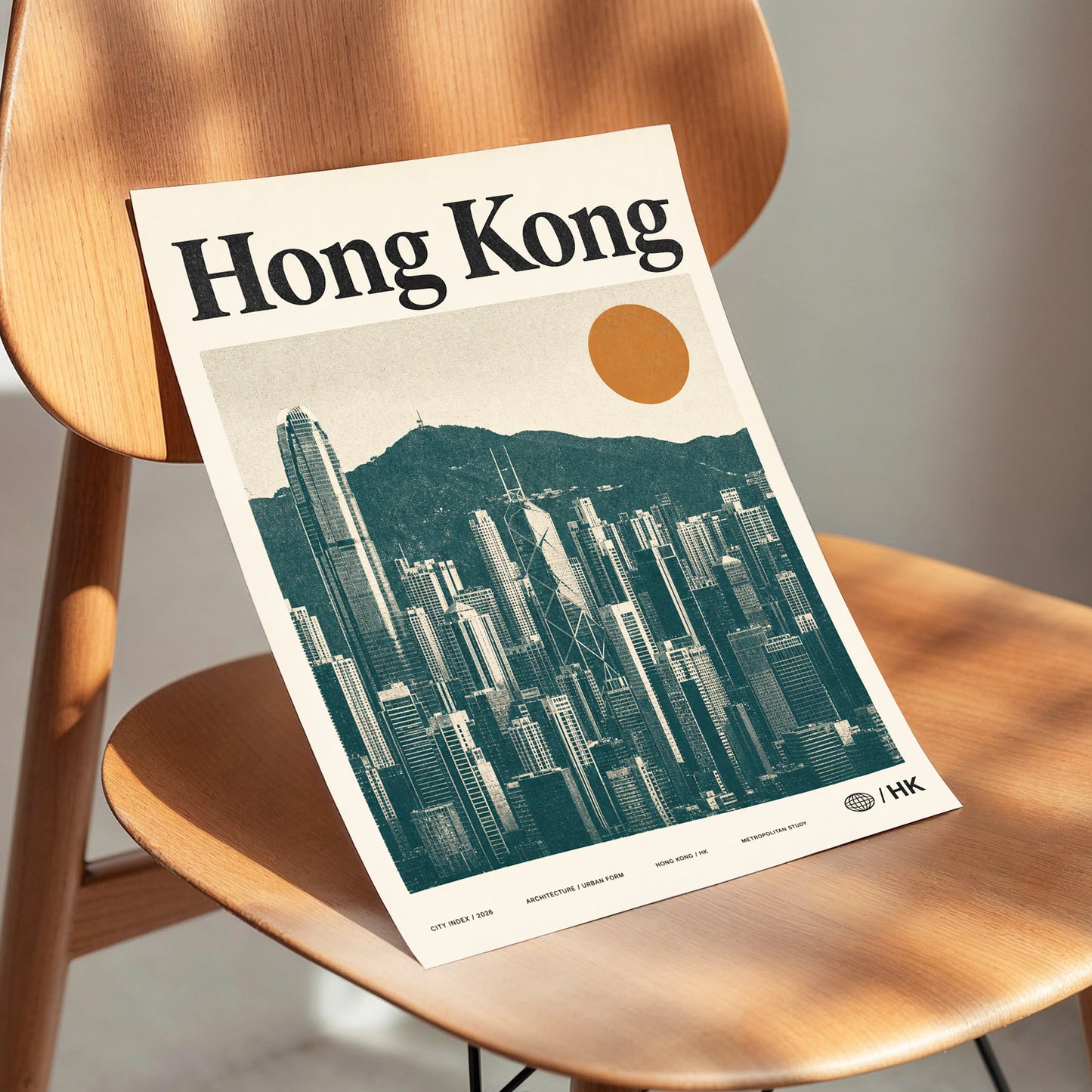 Harbour City Index, green, beige, orange minimalist wall art displayed in a styled interior, gallery view 3