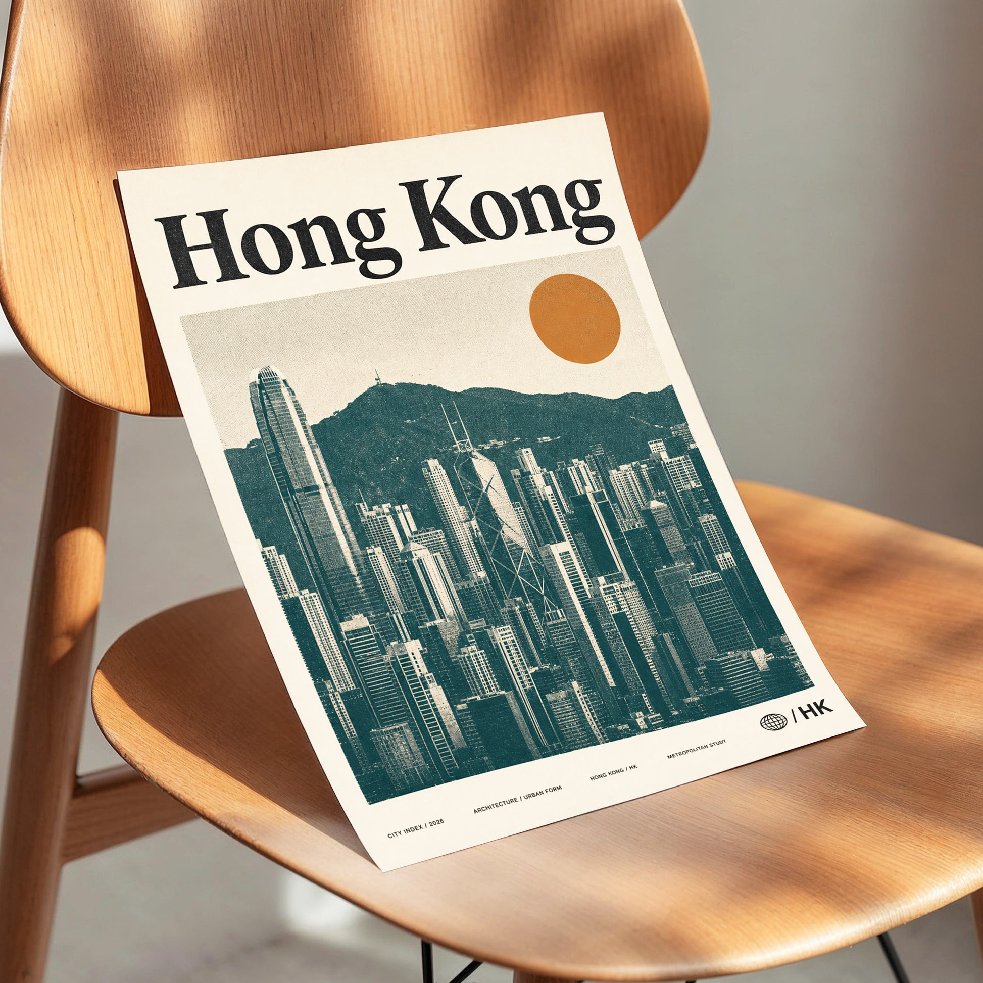 Harbour City Index, green, beige, orange minimalist wall art displayed in a styled interior, gallery view 3