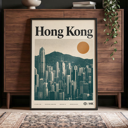 Harbour City Index, green, beige, orange minimalist wall art displayed in a styled interior, gallery view 4