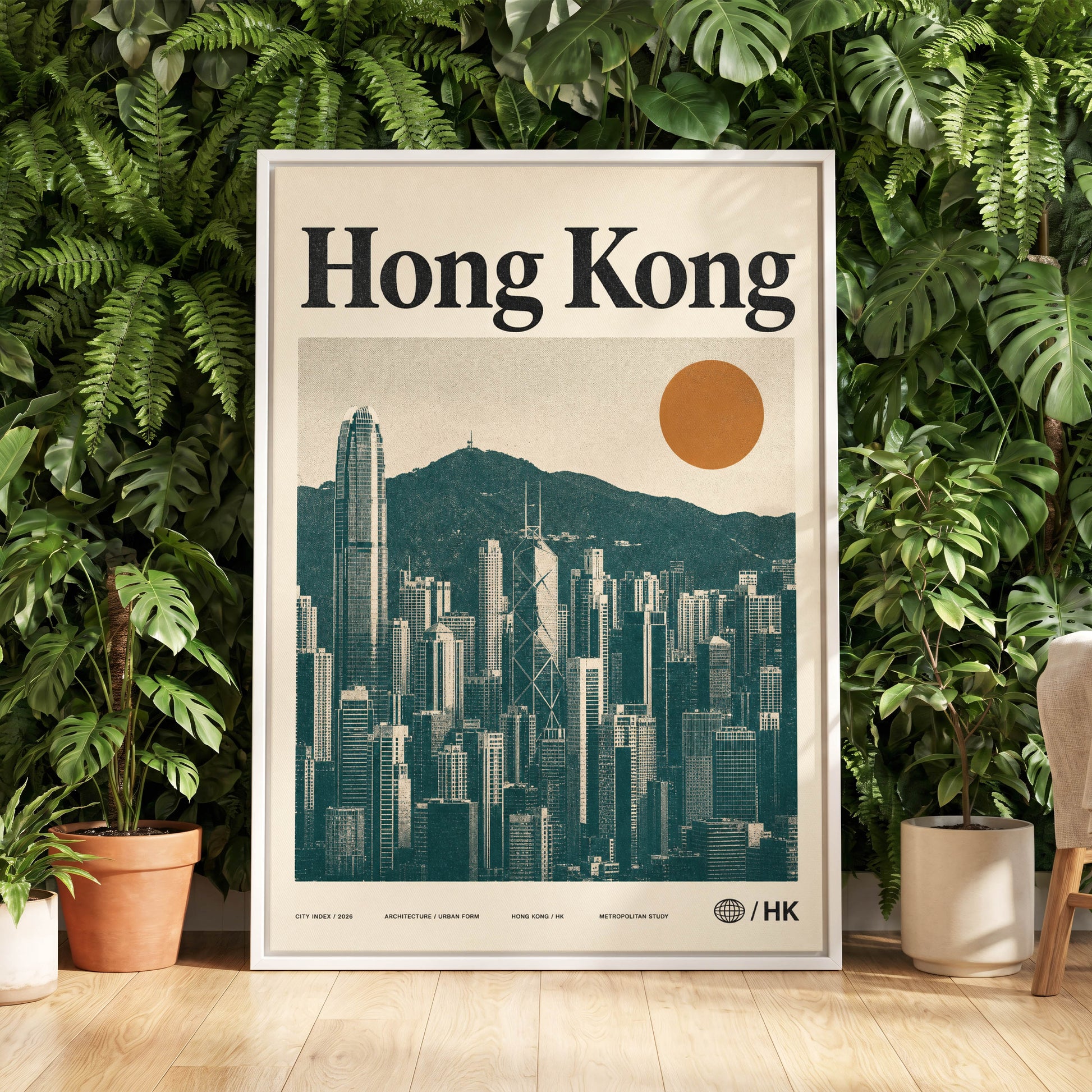 Harbour City Index, green, beige, orange minimalist wall art displayed in a styled interior, gallery view 5