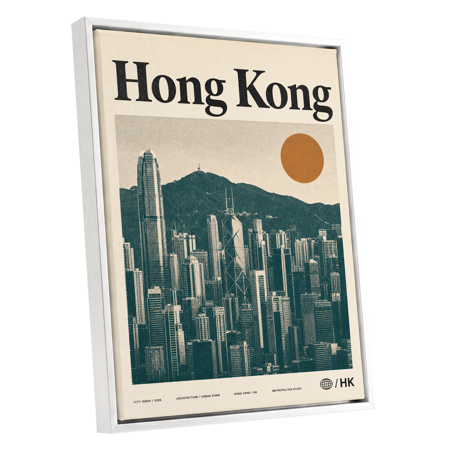 Harbour City Index, green, beige, orange minimalist wall art shown as a white framed canvas wall art