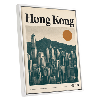 Harbour City Index, green, beige, orange minimalist wall art shown as a white framed canvas wall art