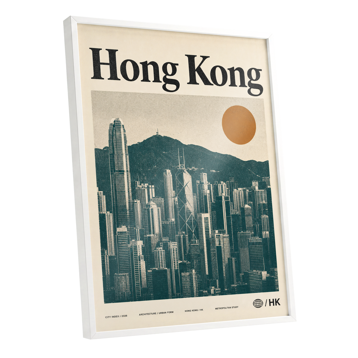 Harbour City Index, green, beige, orange minimalist wall art shown as a white framed poster wall art print