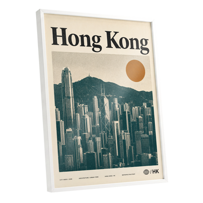 Harbour City Index, green, beige, orange minimalist wall art shown as a white framed poster wall art print