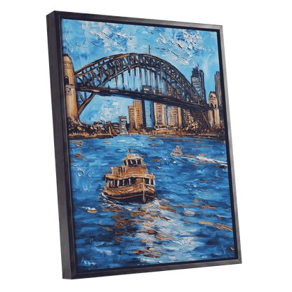 Harbour in Motion, blue, black, brown abstract wall art shown as a black framed canvas wall art