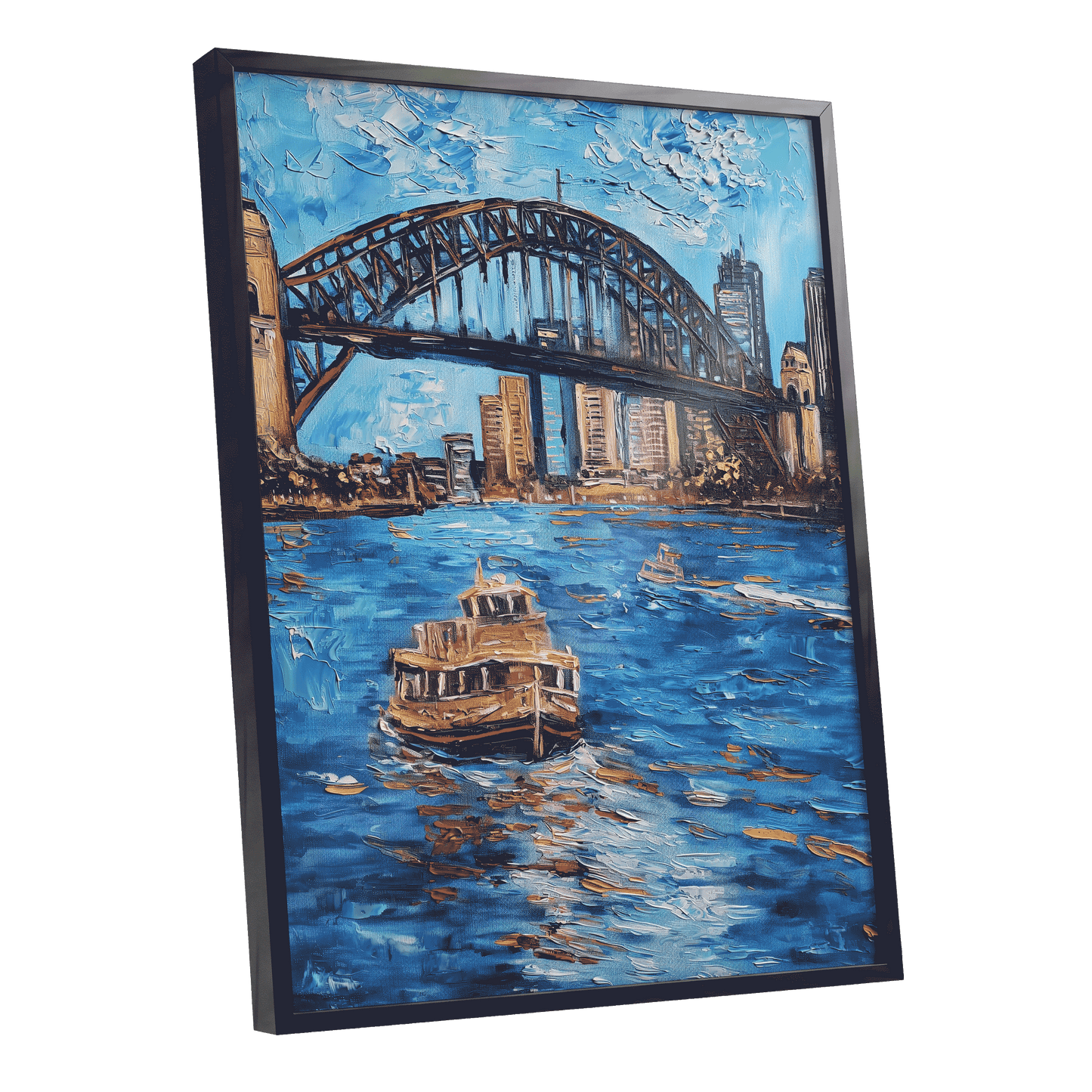 Harbour in Motion, blue, black, brown abstract wall art shown as a black framed poster wall art print