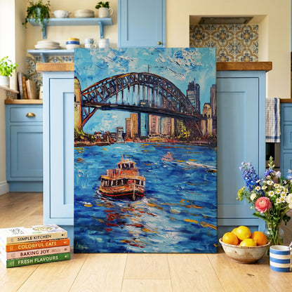 Harbour in Motion, blue, black, brown abstract wall art on canvas displayed in a styled interior, gallery view 1