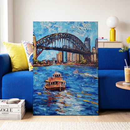 Harbour in Motion, blue, black, brown abstract wall art on canvas displayed in a styled interior, gallery view 2