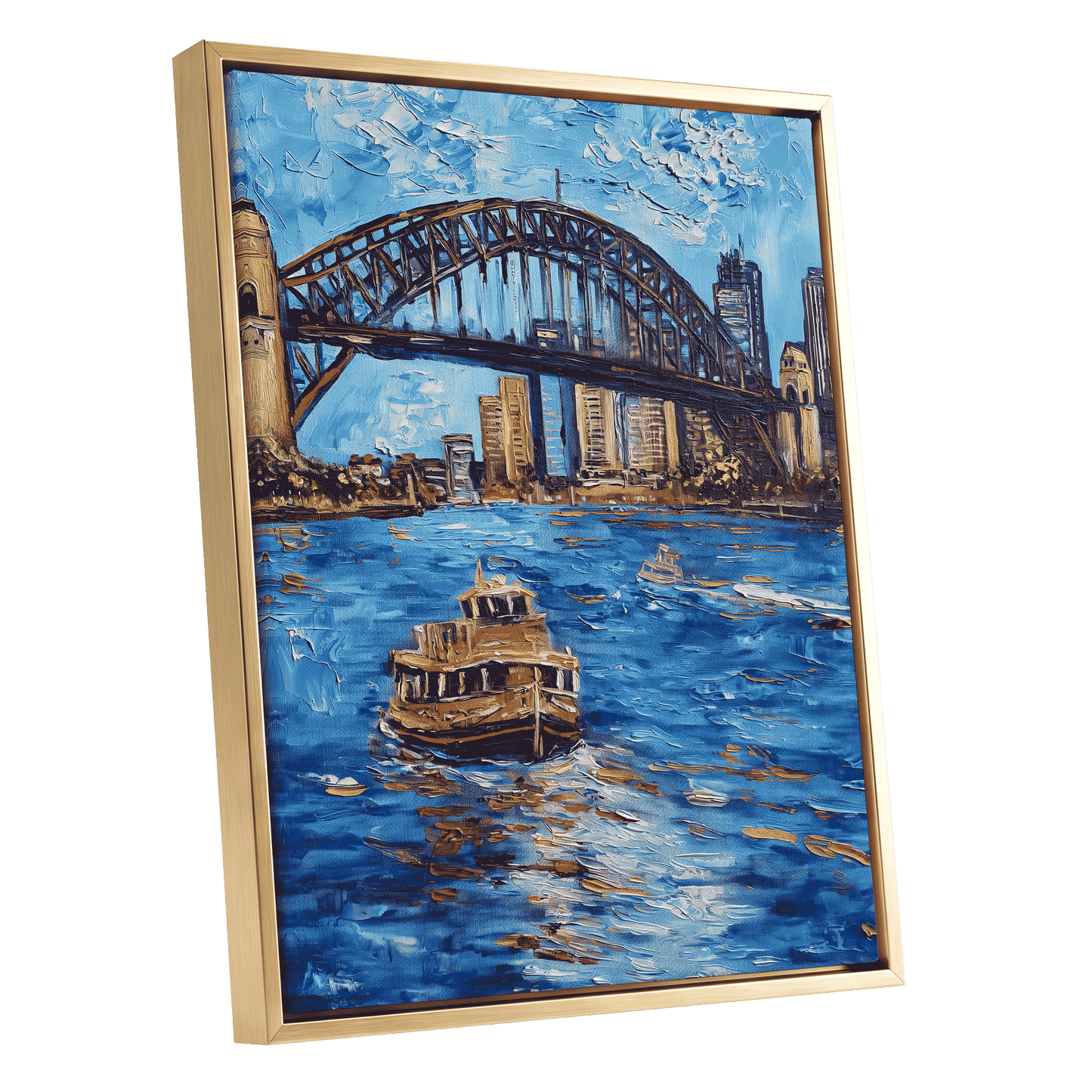 Harbour in Motion, blue, black, brown abstract wall art shown as a gold framed canvas wall art