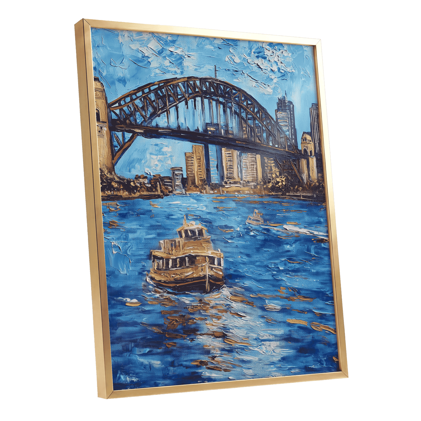 Harbour in Motion, blue, black, brown abstract wall art shown as a gold framed poster wall art print