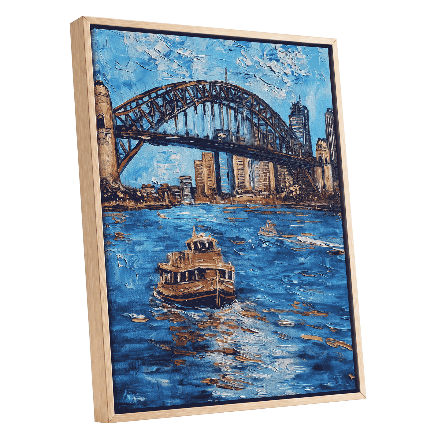Harbour in Motion, blue, black, brown abstract wall art shown as a oak framed canvas wall art