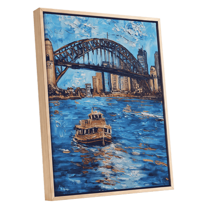 Harbour in Motion, blue, black, brown abstract wall art shown as a oak framed canvas wall art
