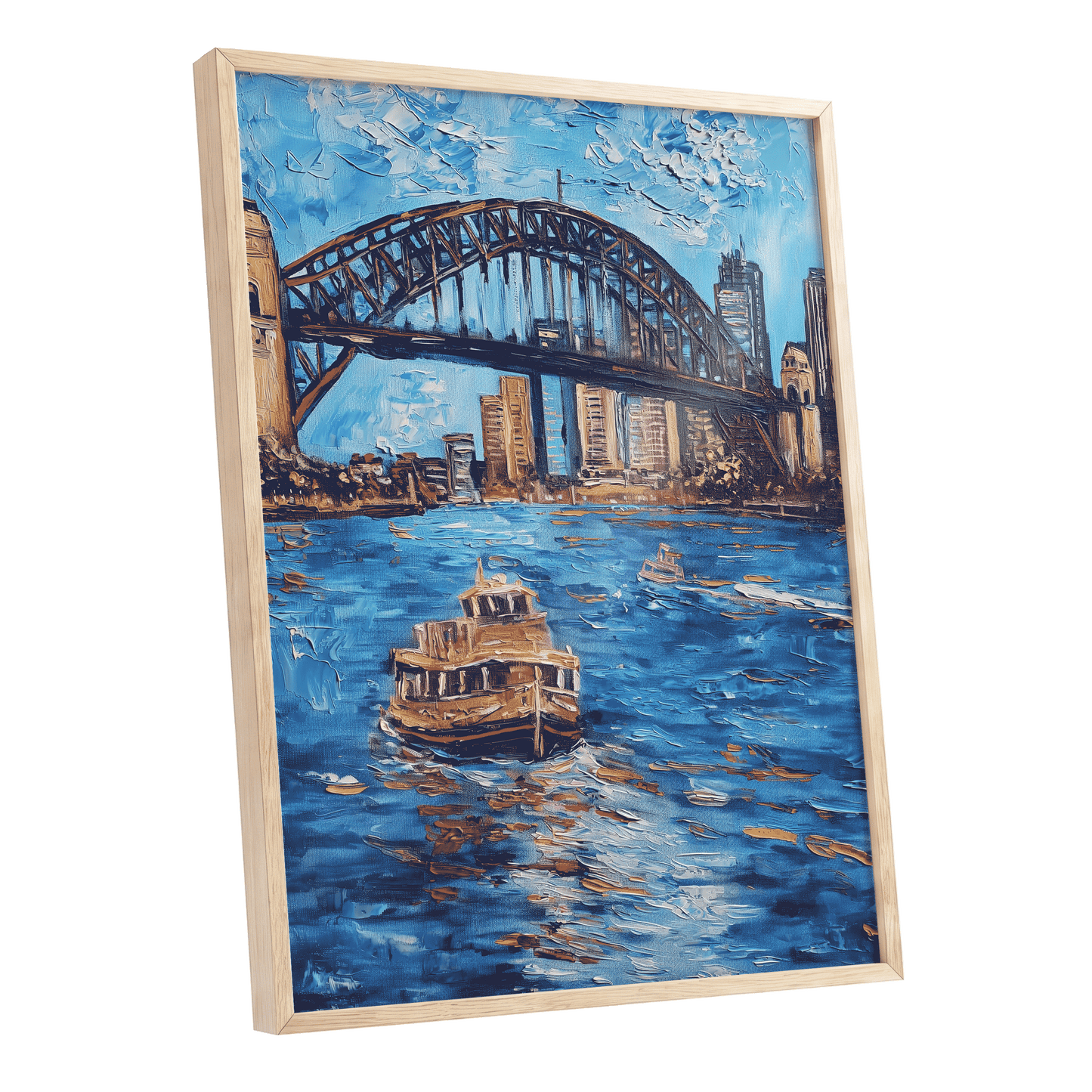 Harbour in Motion, blue, black, brown abstract wall art shown as a oak framed poster wall art print