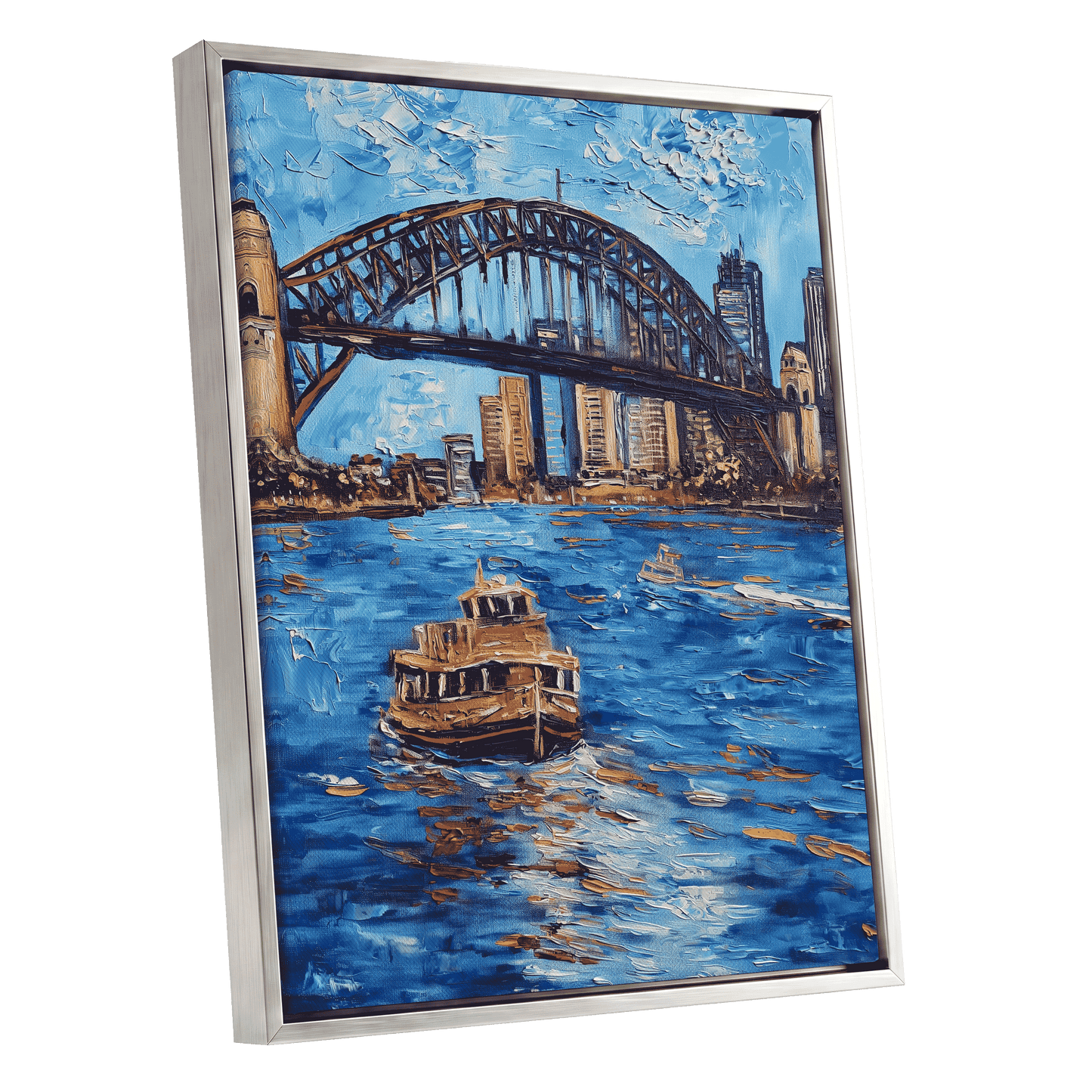 Harbour in Motion, blue, black, brown abstract wall art shown as a silver framed canvas wall art