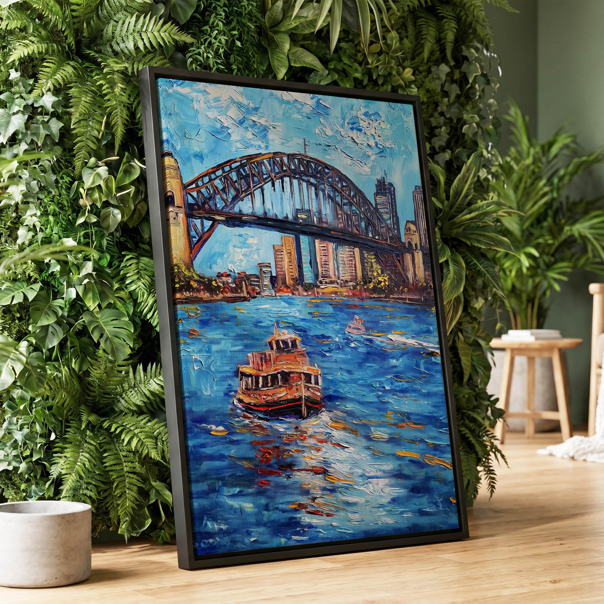 Harbour in Motion, blue, black, brown abstract wall art displayed in a styled interior, gallery view 1