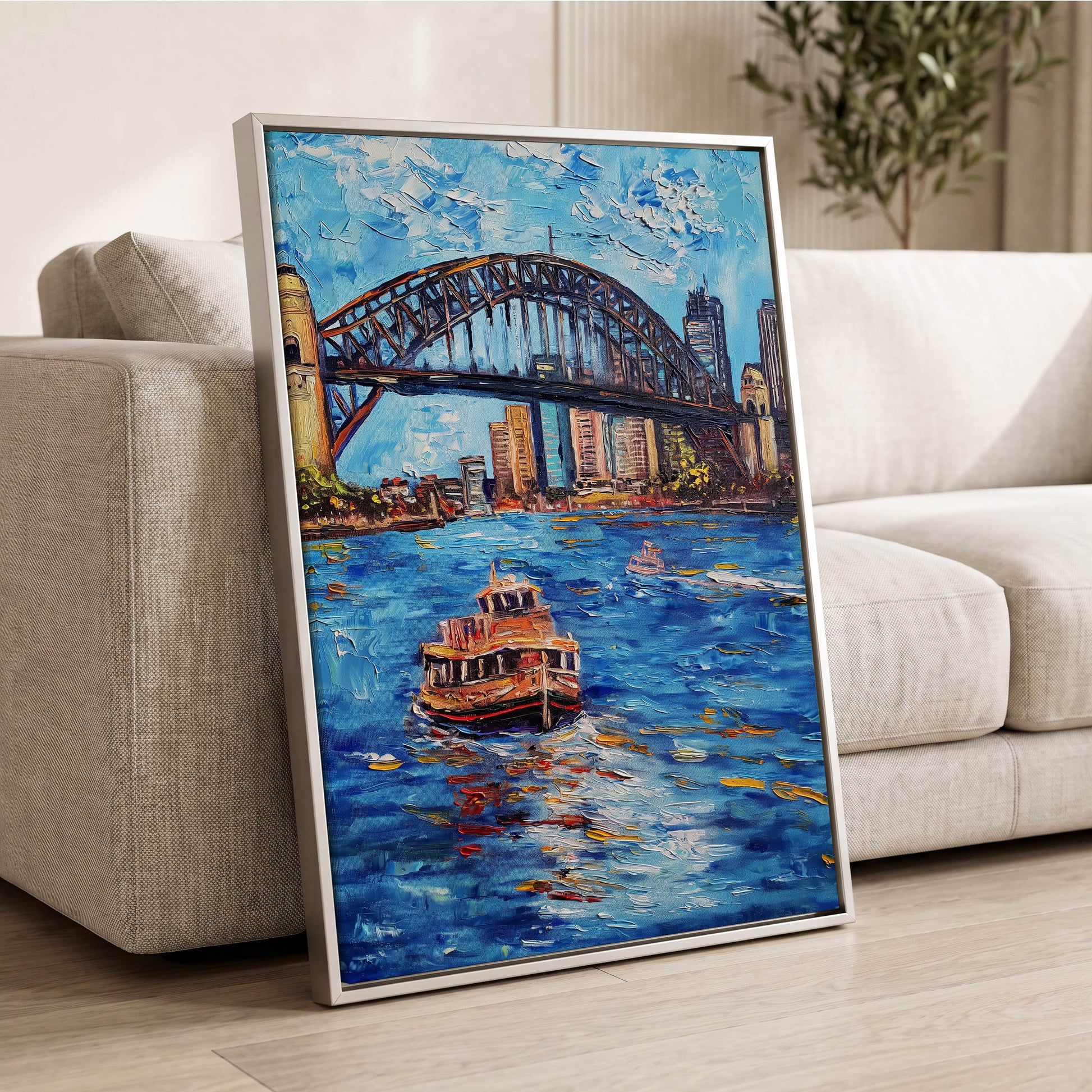 Harbour in Motion, blue, black, brown abstract wall art displayed in a styled interior, gallery view 2