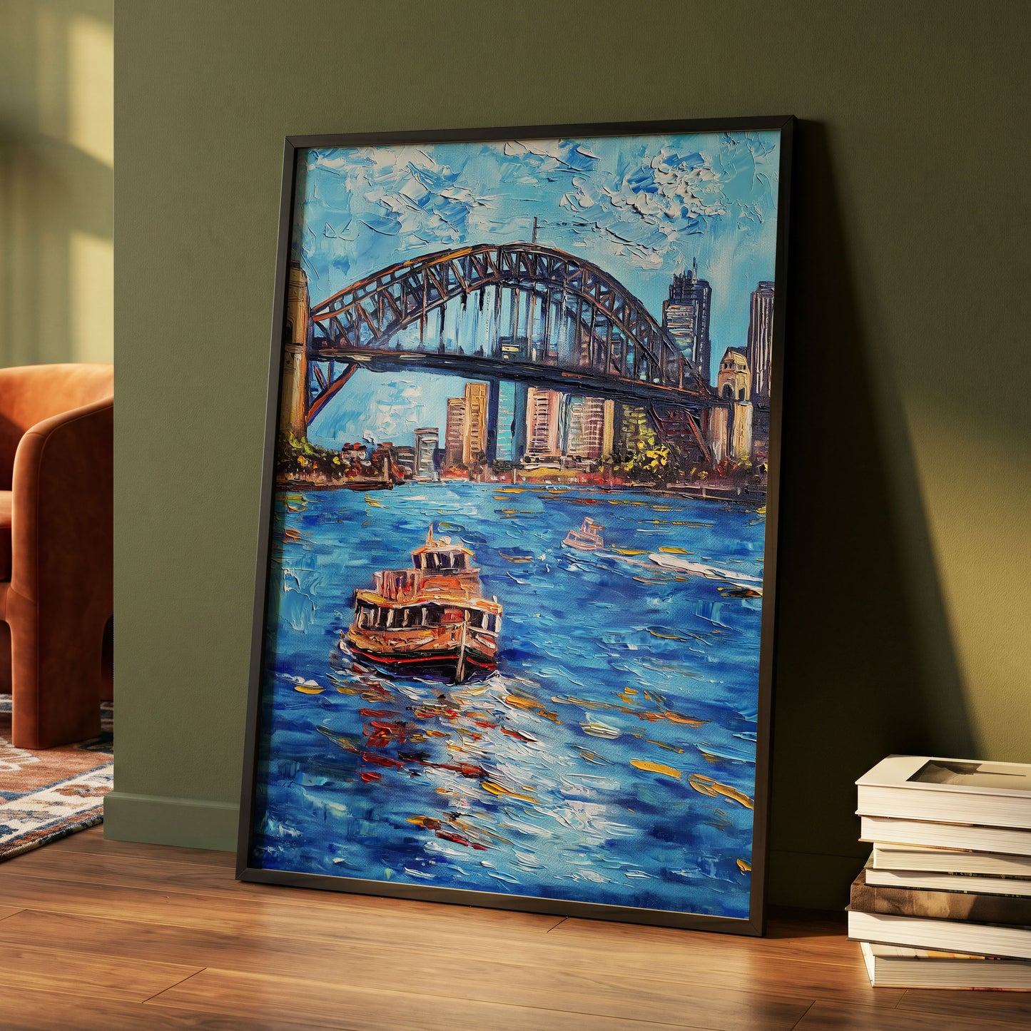 Harbour in Motion, blue, black, brown abstract wall art displayed in a styled interior, gallery view 4