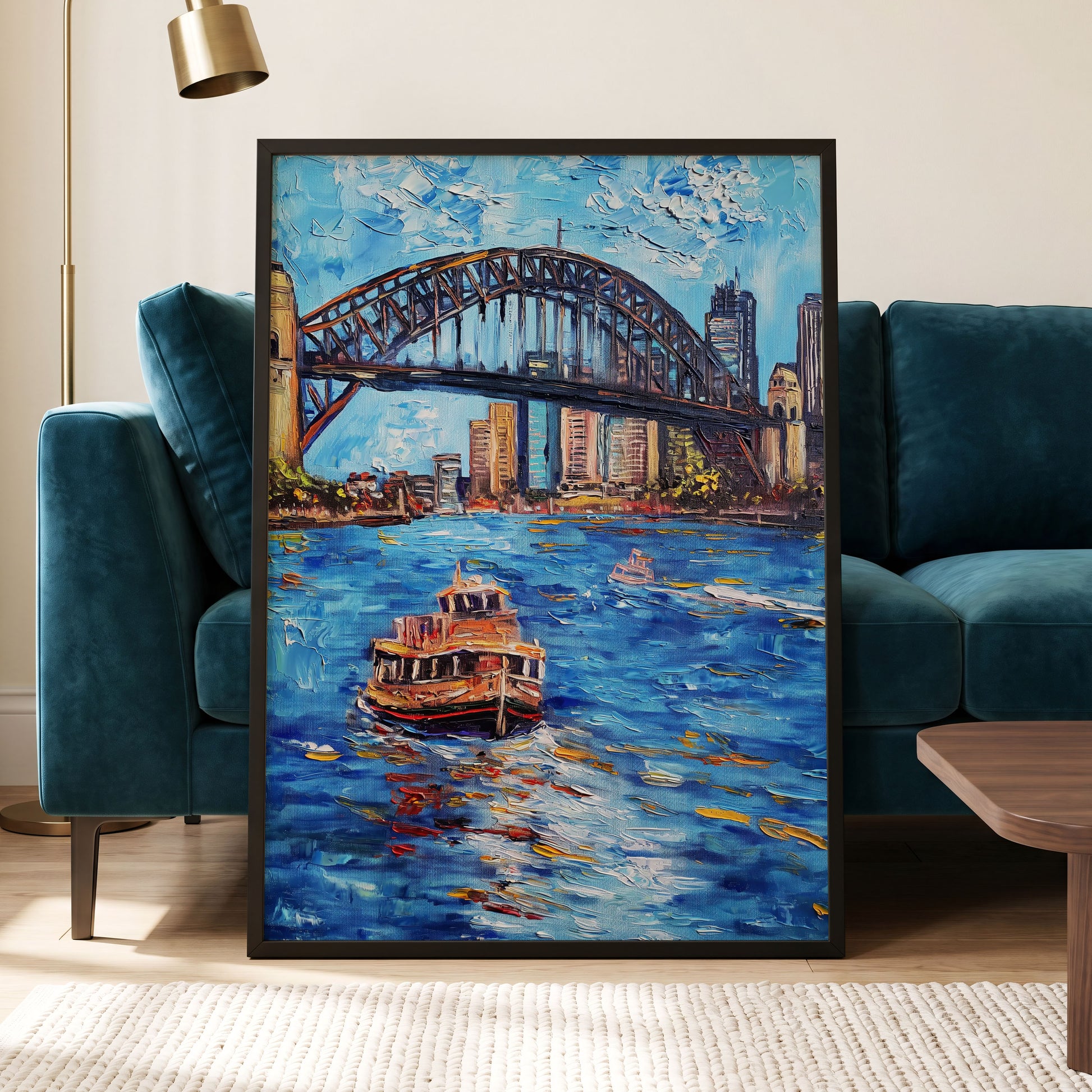 Harbour in Motion, blue, black, brown abstract wall art displayed in a styled interior, gallery view 6
