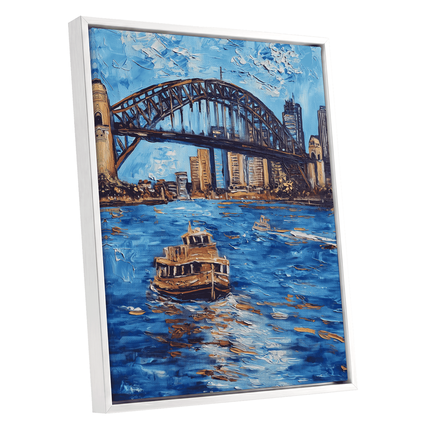 Harbour in Motion, blue, black, brown abstract wall art shown as a white framed canvas wall art