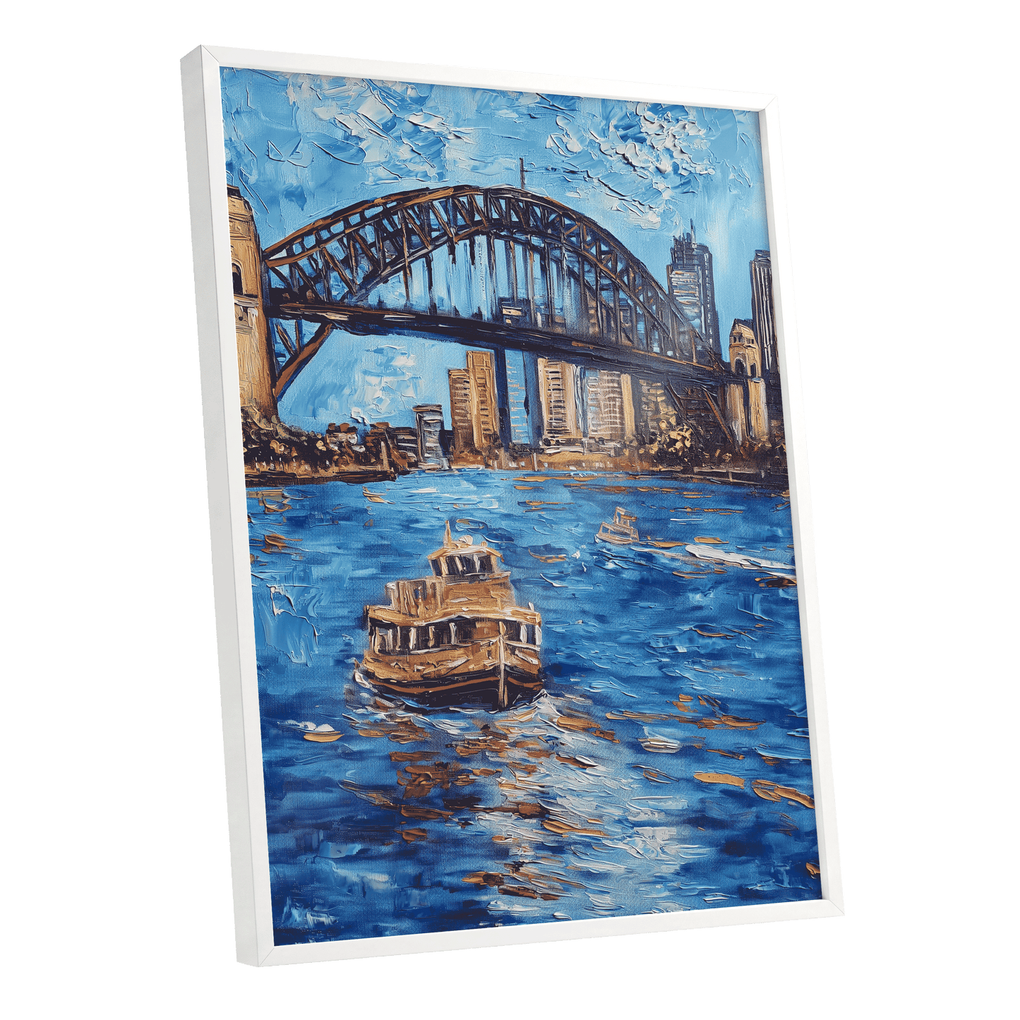 Harbour in Motion, blue, black, brown abstract wall art shown as a white framed poster wall art print