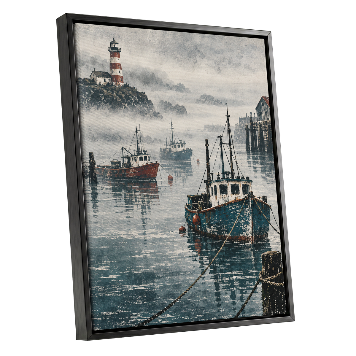 Harbour in the Haze, blue, gray, white nature wall art shown as a black framed canvas wall art