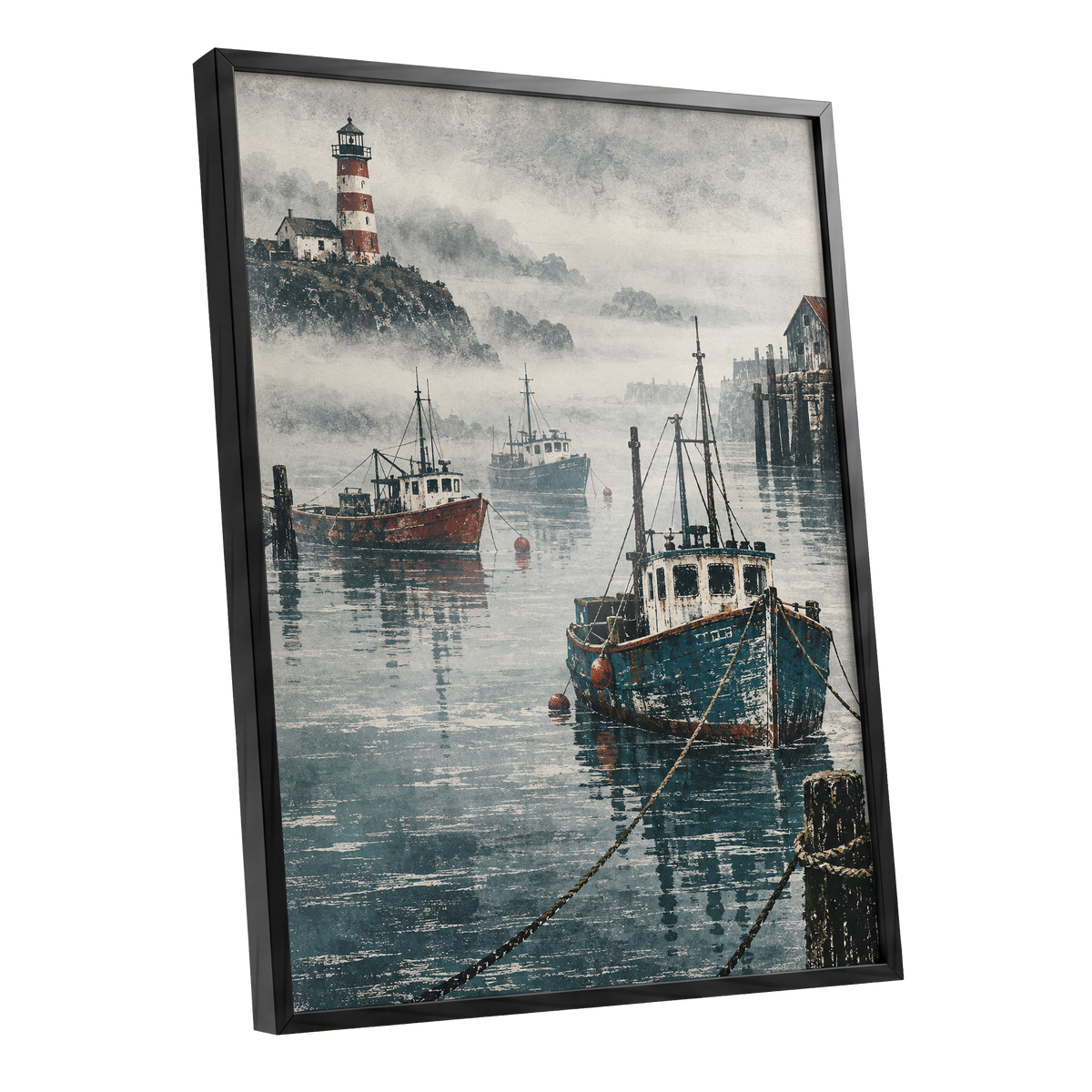 Harbour in the Haze, blue, gray, white nature wall art shown as a black framed poster wall art print