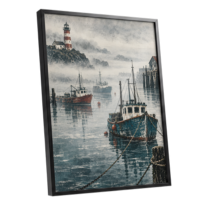 Harbour in the Haze, blue, gray, white nature wall art shown as a black framed poster wall art print