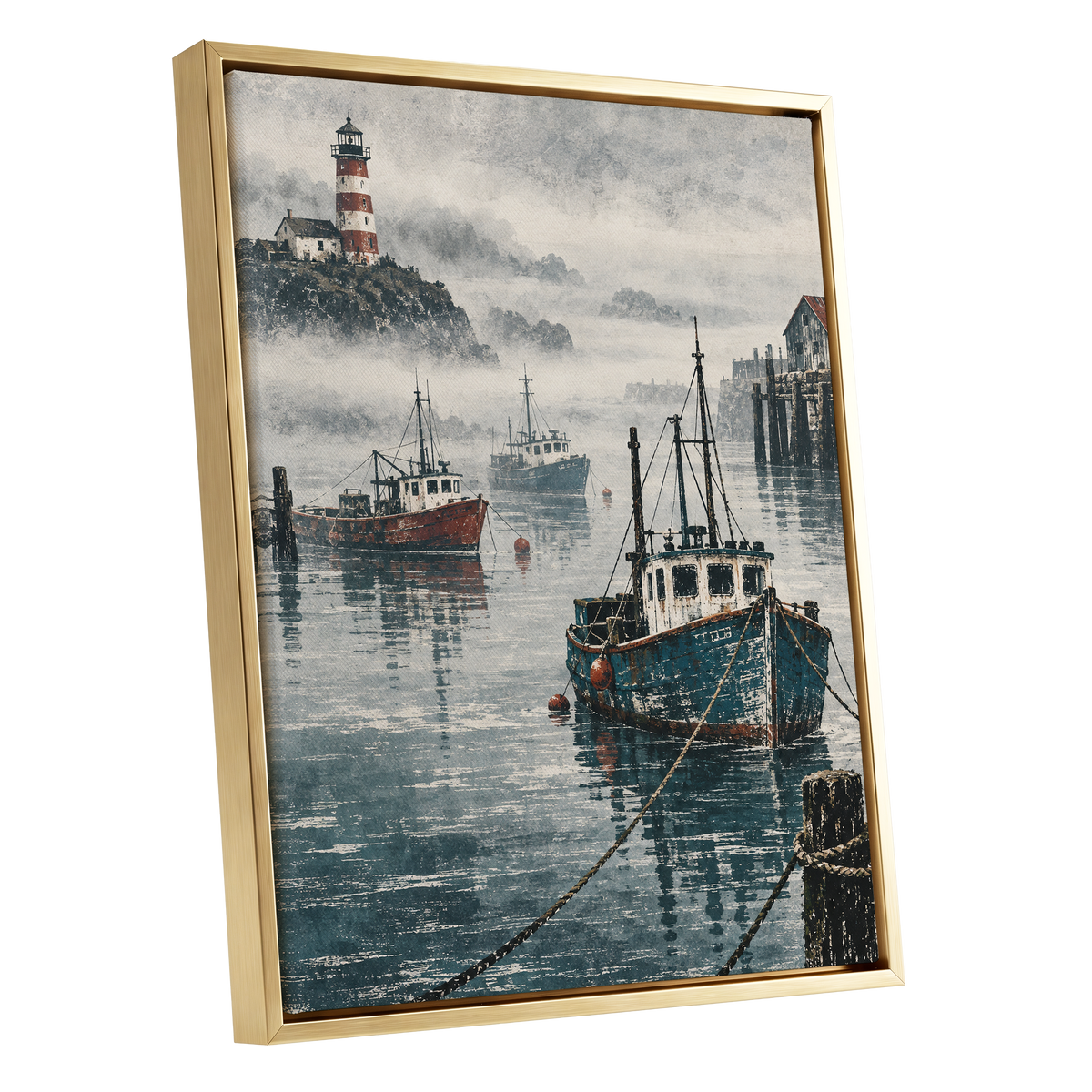 Harbour in the Haze, blue, gray, white nature wall art shown as a gold framed canvas wall art