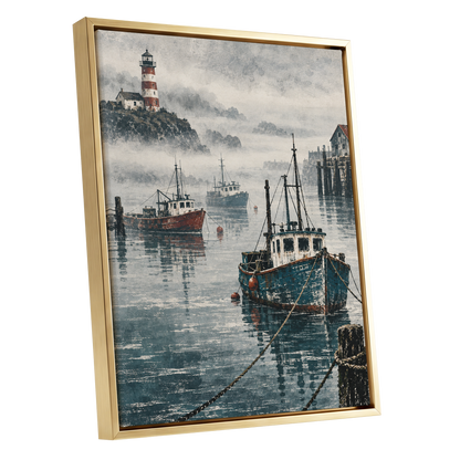 Harbour in the Haze, blue, gray, white nature wall art shown as a gold framed canvas wall art