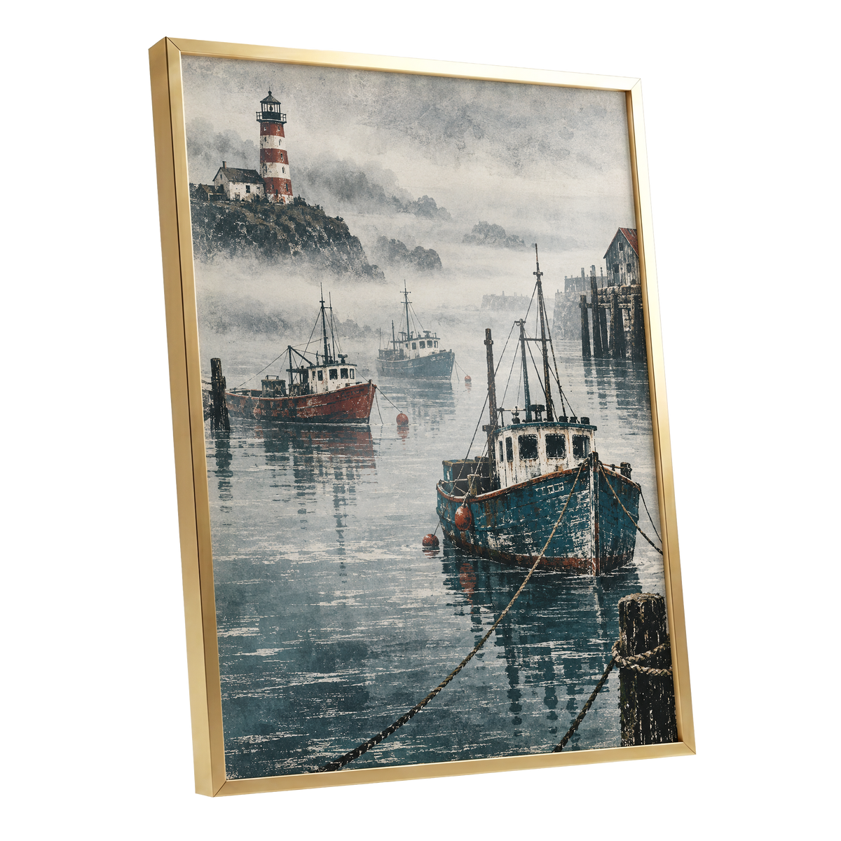 Harbour in the Haze, blue, gray, white nature wall art shown as a gold framed poster wall art print