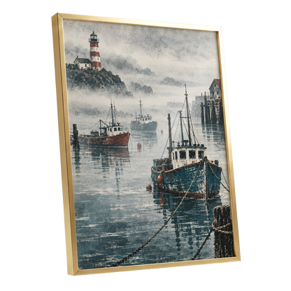 Harbour in the Haze, blue, gray, white nature wall art shown as a gold framed poster wall art print