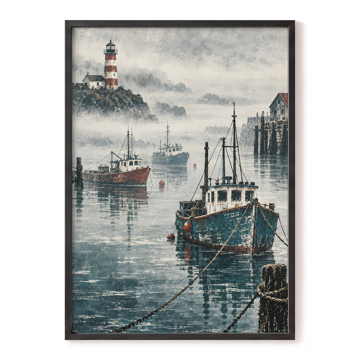 Harbour in the Haze, blue, gray, white nature wall art, front artwork view