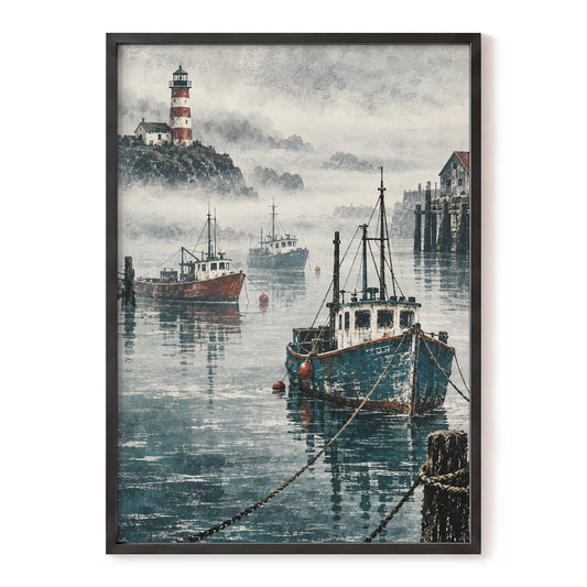 Harbour in the Haze, blue, gray, white nature wall art, front artwork view