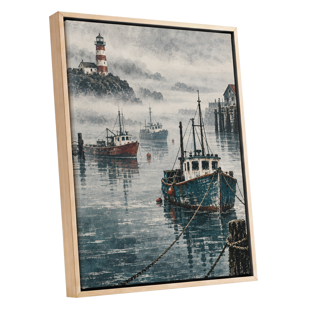 Harbour in the Haze, blue, gray, white nature wall art shown as a oak framed canvas wall art