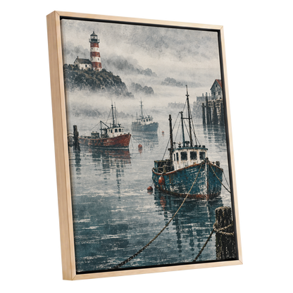 Harbour in the Haze, blue, gray, white nature wall art shown as a oak framed canvas wall art