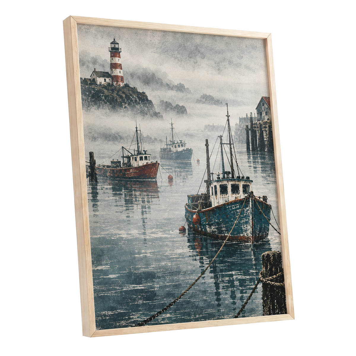 Harbour in the Haze, blue, gray, white nature wall art shown as a oak framed poster wall art print