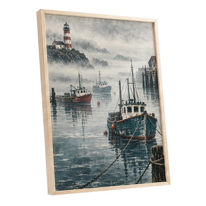 Harbour in the Haze, blue, gray, white nature wall art shown as a oak framed poster wall art print
