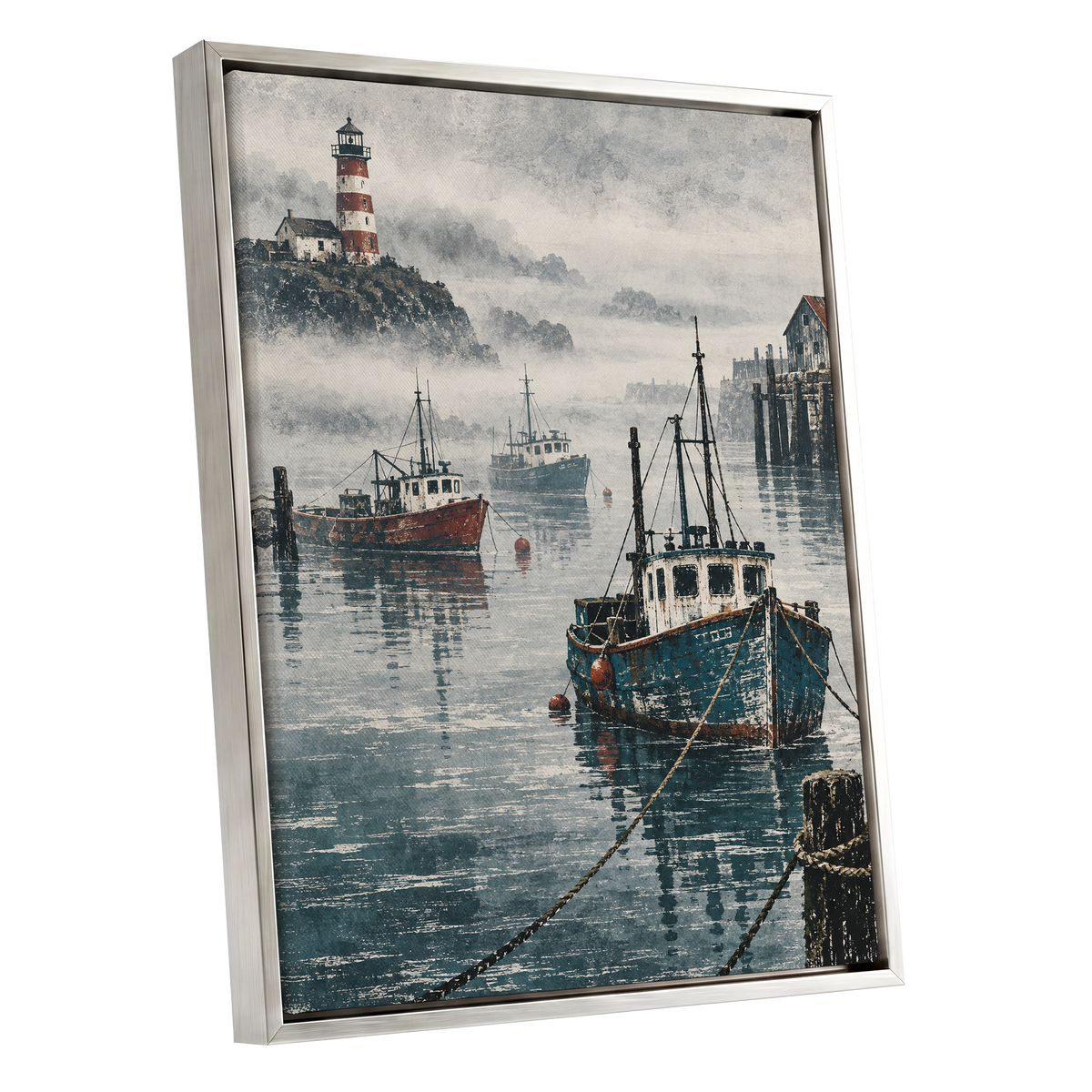 Harbour in the Haze, blue, gray, white nature wall art shown as a silver framed canvas wall art
