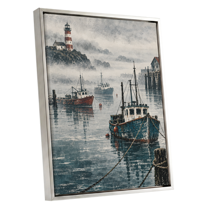 Harbour in the Haze, blue, gray, white nature wall art shown as a silver framed canvas wall art