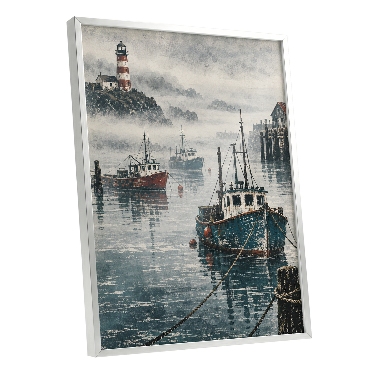Harbour in the Haze, blue, gray, white nature wall art shown as a silver framed poster wall art print