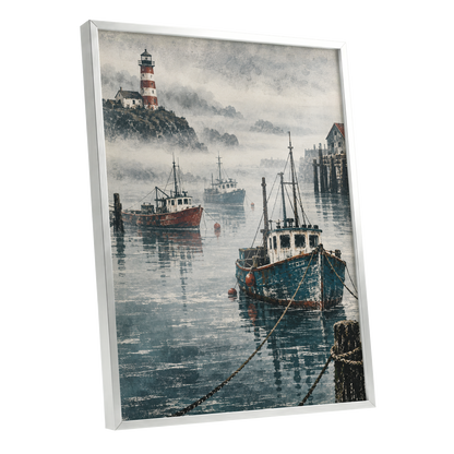 Harbour in the Haze, blue, gray, white nature wall art shown as a silver framed poster wall art print