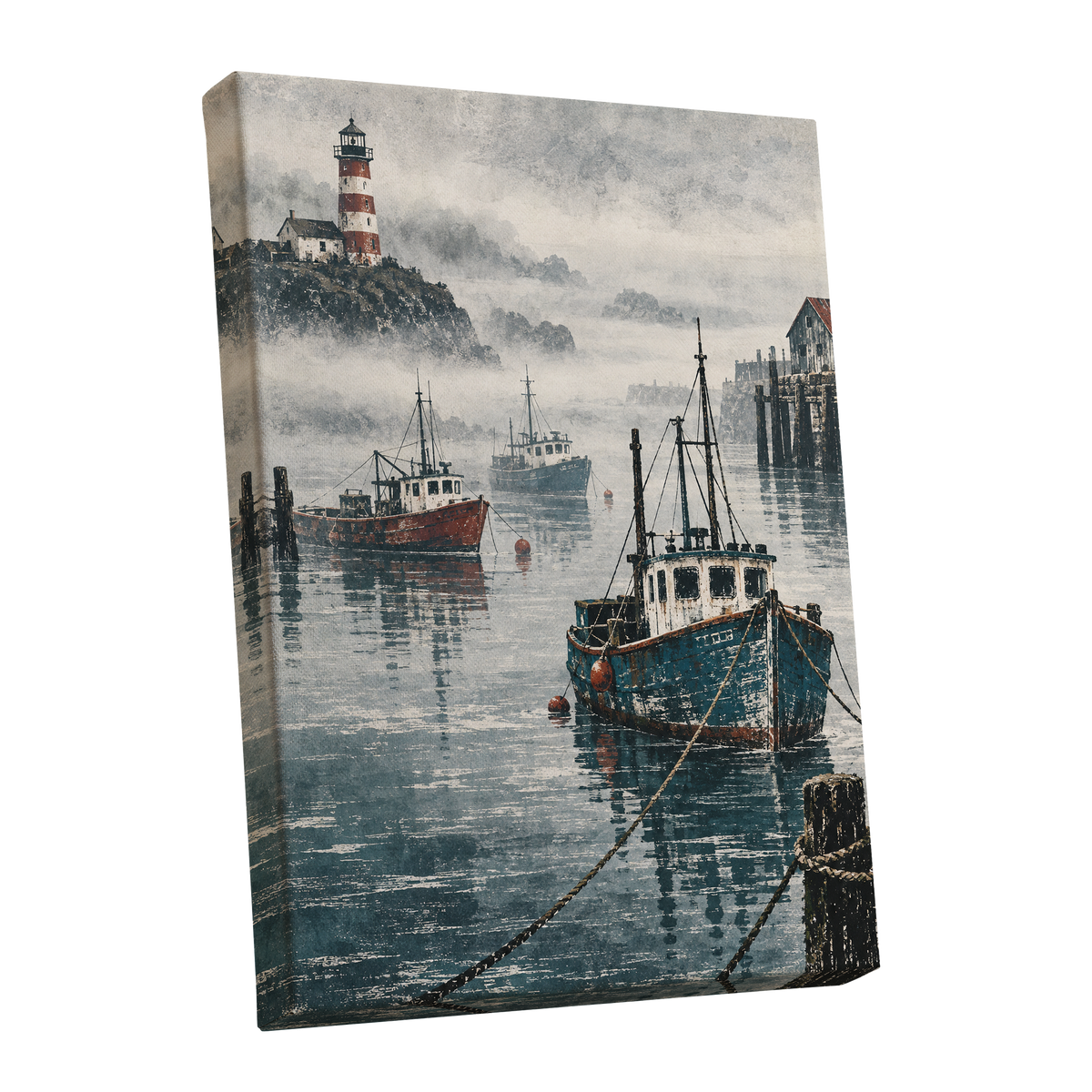 Harbour in the Haze, blue, gray, white nature wall art shown as a stretched canvas wall art