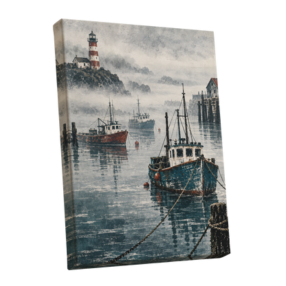Harbour in the Haze, blue, gray, white nature wall art shown as a stretched canvas wall art